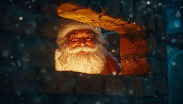 Santa Claus Peering Through Chimney on Snowy Winter Night