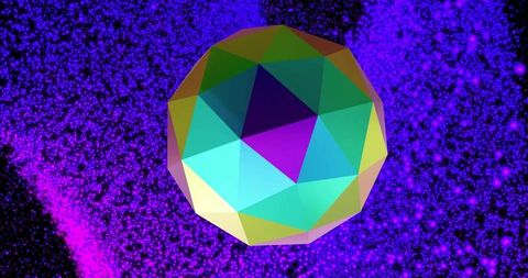 Floating multicolor geometric polyhedron spinning in neon starfield with magenta nebula