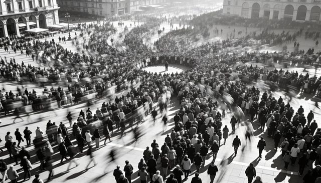 Crowd circling central platform in urban plaza with motion blur and high-contrast silhouettes