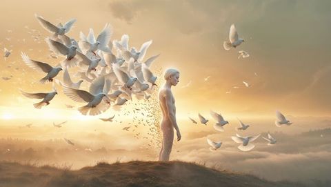 Ethereal transcendence: figure and doves at sunrise, forgiveness concept