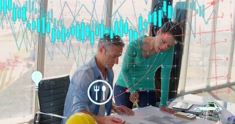 Collaborating Team Analyzing Financial Data Graph