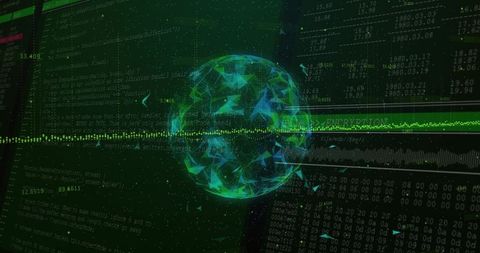 Pulsing Polygonal Globe Rotating on Cybersecurity Dashboard with Neon Data Visualizations