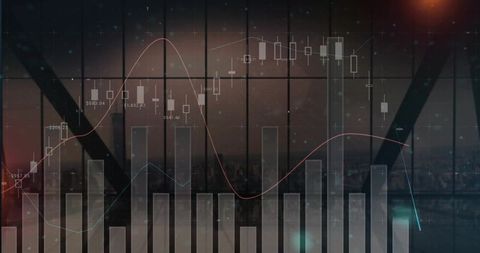Futuristic Financial Dashboard Showing Candlestick Charts and Volume Bars Over City Glass