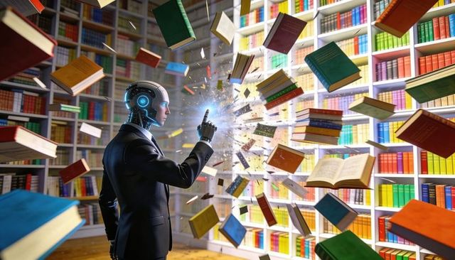 Android Unlocking Knowledge: Robot Summoning Floating Books in Futuristic Library