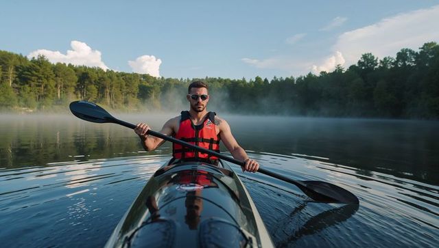 Solo kayaker paddling at dawn on misty forest lake in red life vest