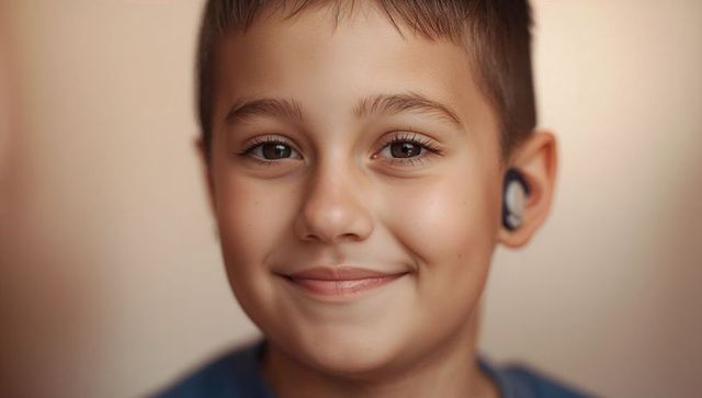 Smiling boy wearing cochlear processor close-up portrait facing camera warm beige studio