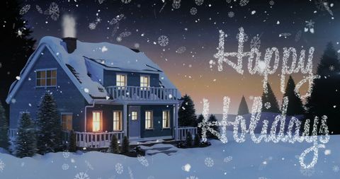 Snowy Winter Night with Festive Happy Holidays Message