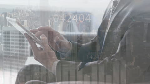 Businessman Analyzing Data on Tablet with Cityscape Overlay