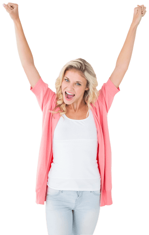 Joyful Woman Celebrating Success with Arms Raised Transparent Background