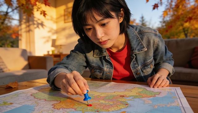 Asian woman marking travel route on political map with blue pushpin while planning trip