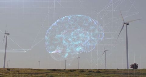 Futuristic brain network overlay on wind farm