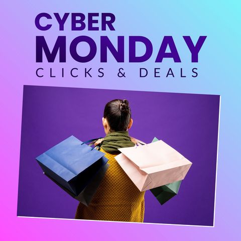 Cyber monday shopping female holding colorful bags