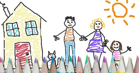 Child's crayon drawing of happy family and home