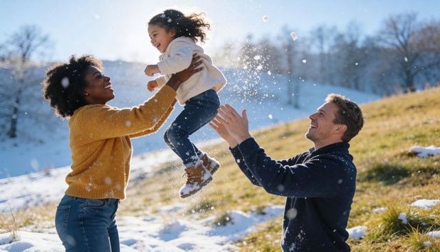 Parents lifting joyful daughter on sunlit snowy hillside playing in winter snow