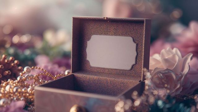 Elegant open gift box surrounded by pearls and flowers