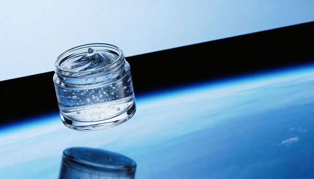 Floating clear glass skincare jar with gel and air bubbles on reflective blue horizon