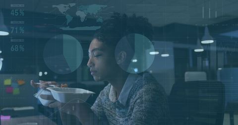 Businesswoman Eating While Analyzing Data in Office Exploring Digital Future