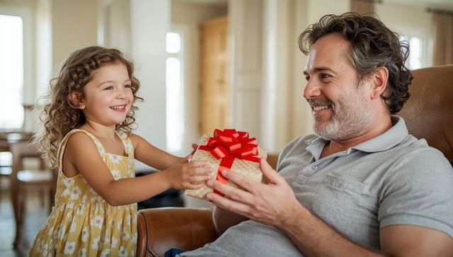 Daughter Handing Gift to Smiling Father in Living Room