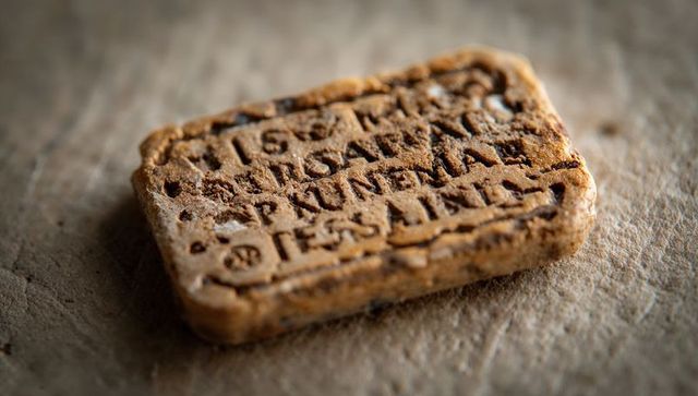 Macro embossed rectangular biscuit on kraft paper with visible crumbs and sugar crystals