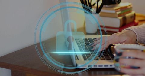 Typing Hands on Laptop with Floating Padlock HUD Representing Cybersecurity and Remote Privacy