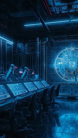 Vertical video showing futuristic control room with holographic consoles and robotic arms