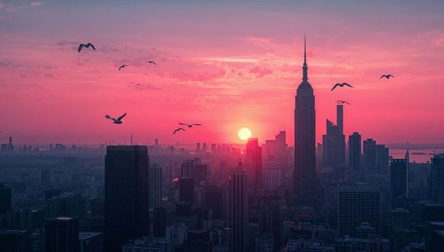Urban horizon at sunset with iconic cityscape silhouettes and flock of birds