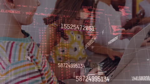 Diverse Students Engaged in Digital Learning with Data Overlay