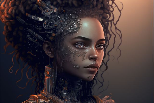 Depicting a woman merging with advanced technology in a dark setting, suitable for themes on future technology, sci-fi concepts, artificial intelligence, advanced robotics, and cyber aesthetics. Can be used in sci-fi books, movie posters, tech blog illustrations, and digital art exhibitions.
