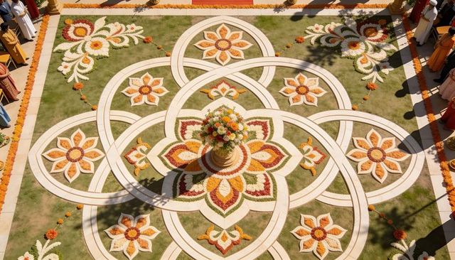 Aerial rangoli mandala with marigold garland and floral urn for indian festival ceremony
