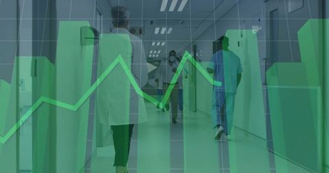 Healthcare Professionals Walking with Data Visualization Overlay in Hospital