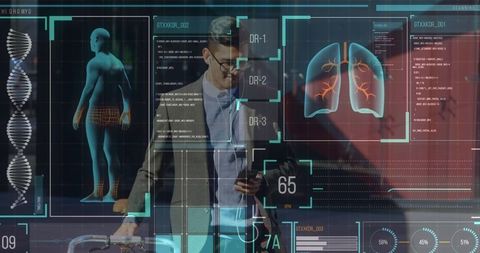 Futuristic medical data interface overlaid on businessman using smartphone