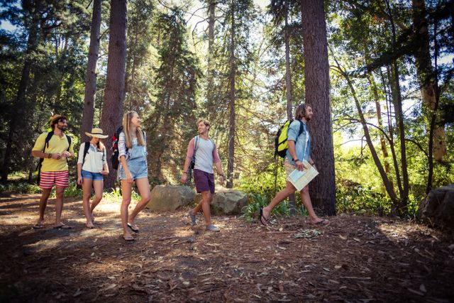 Group of friends hiking through a forest on a sunny day, enjoying nature and outdoor adventure. Ideal for use in travel blogs, adventure magazines, outdoor activity promotions, and social media posts about friendship and nature exploration.