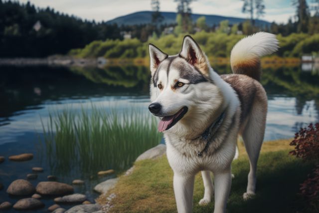 Husky dog sticking tongue out by the lake and forest created using generative ai technology - Download Free Stock Photos Pikwizard.com