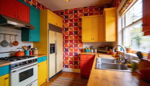 Sunlit retro galley kitchen with vibrant yellow teal red cabinets and geometric wallpaper