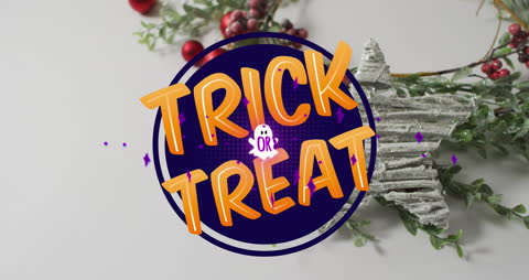 Trick or Treat Text Overlay with Christmas Decorations