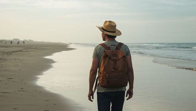 Wandering traveler walking along quiet wet sand coastline wearing straw hat and leather backpack