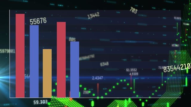 Vibrant visual composition of financial data in a dynamic animation with numbers and bar chart set against a blue digital interface. Ideal for illustrating concepts related to modern business analytics, data processing technology, financial reporting, or statistics presentations. Suitable for use in financial education materials or business technology advertisements.