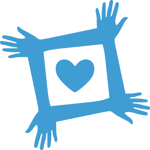 Illustration of blue hands forming square with heart, transparent concept