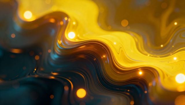 Flowing golden and teal liquid wave with glowing orbs and metallic iridescent gradient