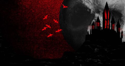 Haunted Castle with Bat Silhouettes against Blood Red Moon