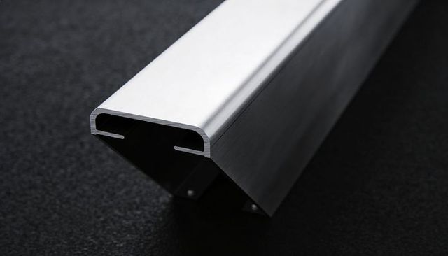 Brushed aluminum extruded channel profile lying diagonally on dark textured surface
