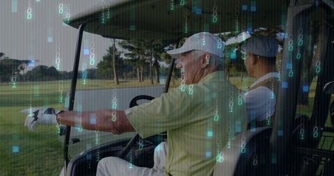 Seniors enjoying leisurely golf cart ride with dynamic technology overlay