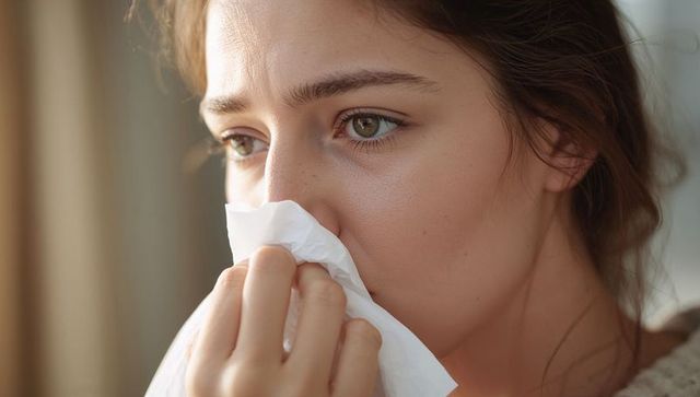 Woman using tissue indoors battling allergies in warm light