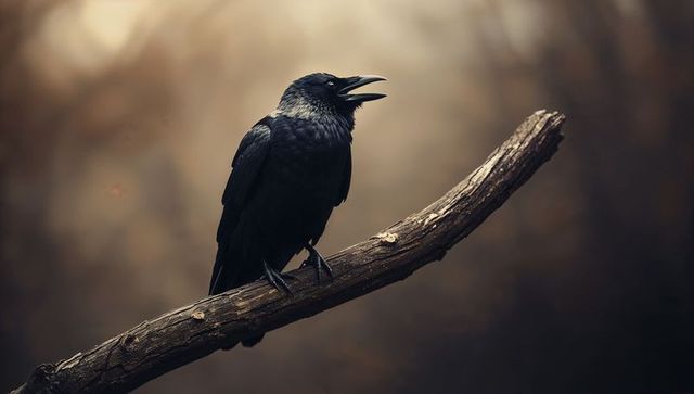 Crowing Black Crow Perched on Branch in Misty Woodland