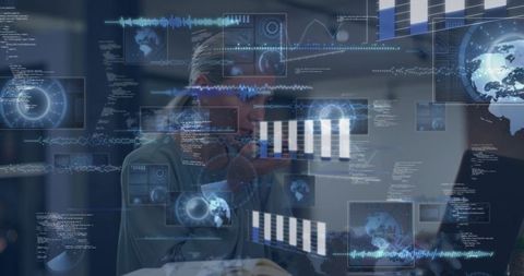 Woman interacting with holographic data displays, globe maps and analytics charts