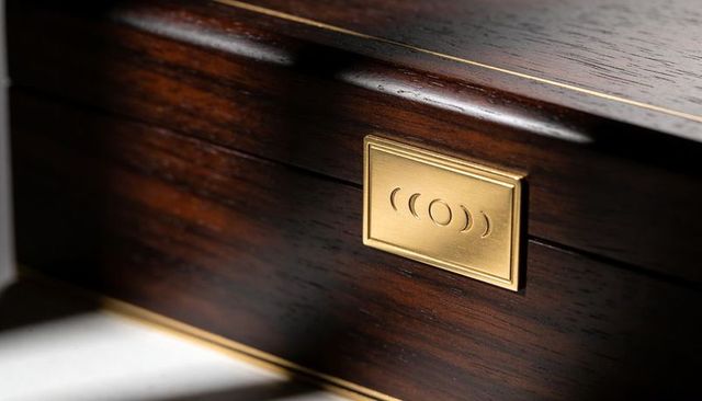 Dark rosewood keepsake box with brass crescent plate and gold inlay