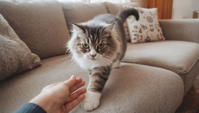 Fluffy tabby cat walking toward outstretched hand on beige sofa in cozy living room