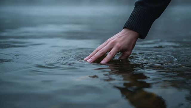 Hand touching water surface creating ripples at lake edge with moody reflection