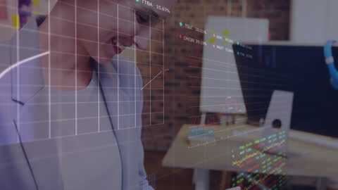 Businesswoman Analyzing Financial Data with Digital Interface Projection