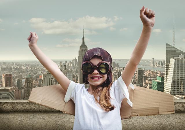 Digital composition of girl in flying goggles with cityscape in background